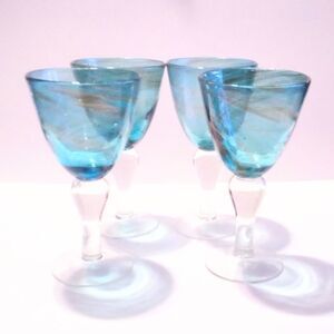 Set of Four Vintage Hand Blown Heavy Blue and Gold Swirl Goblets